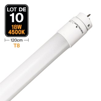Lot de 10 Tubes Neon LED 18W 120cm T8 Blanc Neutre 4500k Gamme Pro
