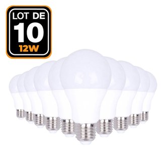10 Ampoules LED E27 12W Blanc froid 6000K Haute Luminosité