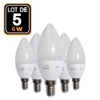 Lot de 5 ampoules LED flamme E14 6W 6000k Haute Luminosité