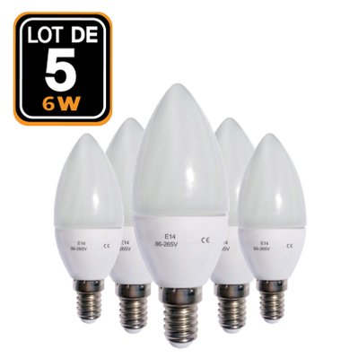 Lot de 5 ampoules LED flamme E14 6W 6000k Haute Luminosité - 1241 - 7061116957414