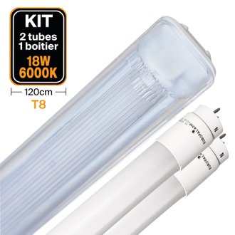 Kit 2 Tubes LED T8 18W Blanc Froid + Boitier Etanche 120cm