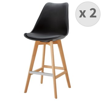 LIGHTUP - Chaise de bar scandinave noir pieds hêtre (x2)