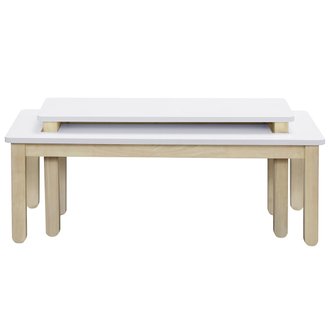 Table basse scandinave avec banc intégré blanc et bois clair rectangulaire CYBEL