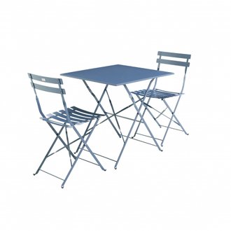 Salon de jardin bistrot pliable - Emilia carré bleu grisé - Table 70x70cm avec deux chaises pliantes. acier thermolaqué