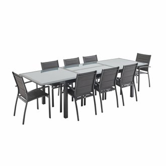 Salon de jardin table extensible - Philadelphie Gris anthracite - Table en aluminium 200/300cm. plateau de verre. rallonge et 8