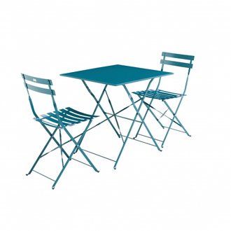 Salon de jardin bistrot pliable - Emilia carré bleu canard - Table carrée 70x70cm avec deux chaises pliantes. acier thermolaqué