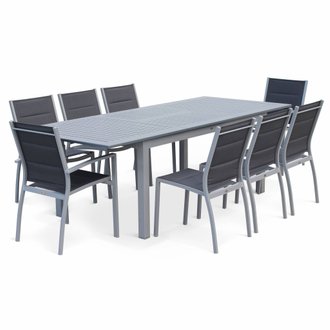 Salon de jardin table extensible - Chicago Gris - Table en aluminium 175/245cm avec rallonge et 8 assises en textilène