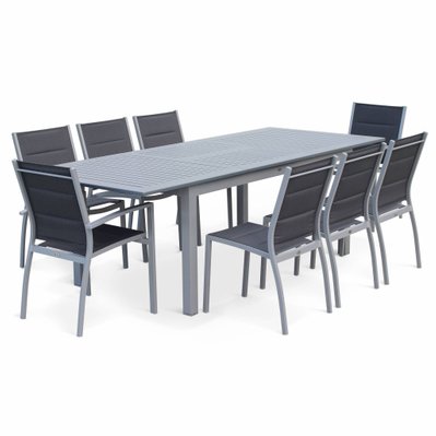 Salon de jardin table extensible Chicago grise - Table en aluminium 175/245 cm avec rallonge et 8 assises en textilène - 3760216537277 - 3760216537277