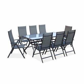 Salon de jardin en aluminium et textilène - Naevia - Gris. Anthracite - 8 places - 1 grande table rectangulaire. 8 fauteuils