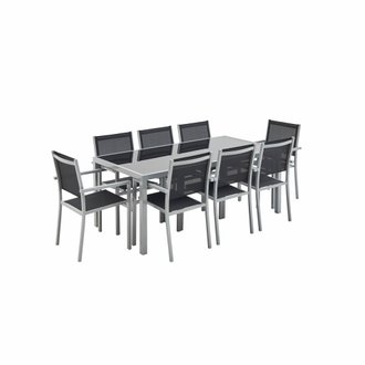 Salon de jardin en aluminium et textilène - Capua 180cm - Gris. noir - 8 places - 1 grande table rectangulaire. 8 fauteuils