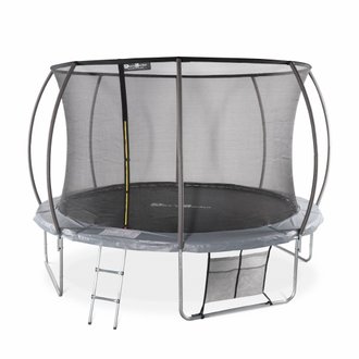 Trampoline rond Ø 370cm gris - Saturne Inner XXL – trampoline de jardin avec filet de protection intérieur. échelle. bâche.
