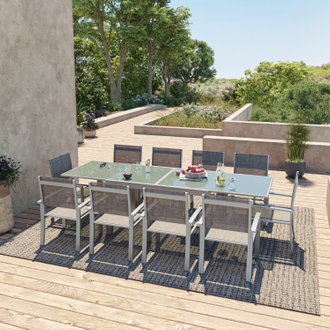 Table de jardin extensible aluminium 140/280cm + 10 fauteuils textilène Argentée - HARA XL