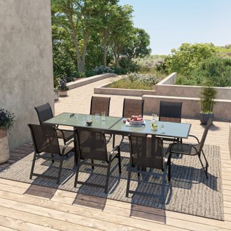 Table de jardin extensible aluminium 140/280cm + 8 fauteuils empilables textilène Noir - FARO