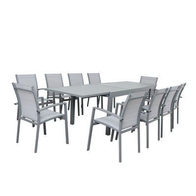 Table de jardin extensible aluminium 135/270cm + 10 fauteuils empilables textilène gris - ANDRA - GR-T135270G-10CH012G - 3664380001292