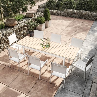 Table de jardin extensible aluminium blanc 180/240cm + 8 fauteuils empilables textilène - PALMA 8 - HT-T001B-HT-8CH001B - 3664380001087