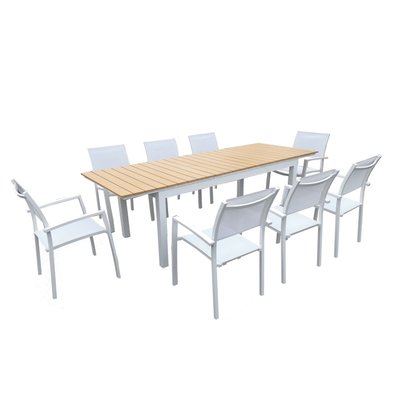 Table de jardin extensible aluminium blanc 180/240cm + 8 fauteuils empilables textilène - PALMA 8 - HT-T001B-HT-8CH001B - 3664380001087