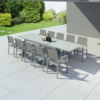 Table de jardin extensible aluminium 200/320cm + 10 fauteuils textilène Argentée - HARA XXL