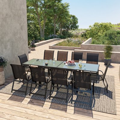 Table de jardin extensible aluminium 140/280cm + 10 fauteuils empilables textilène Noir - FARO - KN-T140280N-5x2CH002N - 3664380001544