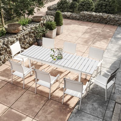Table de jardin extensible aluminium blanc gris 180/240cm + 8 fauteuils empilables textilène - PALMA 8 - HT-T002BG-HT-8CH001B - 3664380001100