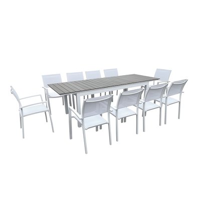 Table de jardin extensible aluminium 180/240cm blanc gris + 10 fauteuils empilables textilène - PALMA 10 - HT-T002BG-10CH001B - 3664380001117