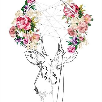 Tableau Limited Edition - Cerf - Fleurs - pour Séjour, Chambre - Multicolore en Coton, Bois, 67 x 2 x 100 cm