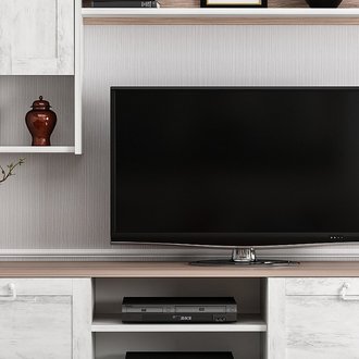 Meuble TV Sento - avec Portes, Étagères - pour Salon - Blanc, Noyer en Bois, 160 x 35 x 42 cm