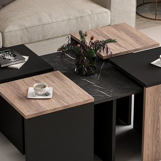 Table Basse Owen Compacte Modulable - avec Étagères - pour Salon, Canapé - Noir en Bois, 88 x 74 x 12,2 cm