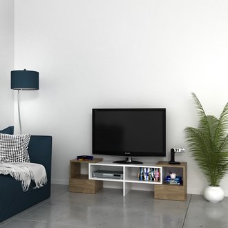 Meuble TV Fold Moderne - avec Étagères - pour Salon - Noyer, Blanc en Bois, 141,2 x 29,7 x 38,8 cm