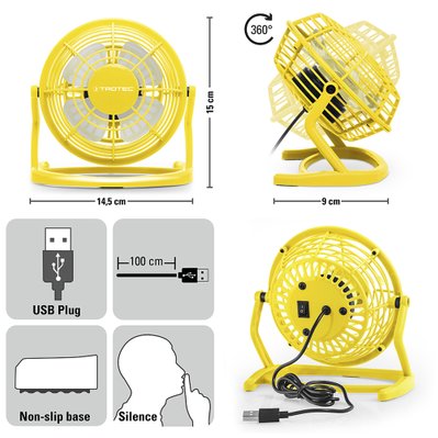 TROTEC Ventilateur USB TVE 1Y jaune - 2,5 watts - inclinable jusqu'à 360° - 1510005005 - 4052138014936