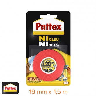 PATTEX Ni Clou Ni Vis Double Face - ruban adhésif ultra résistant - intérieur & extérieur - 19 mm x 1,5 m