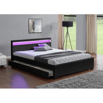 Lit Enfield - Structure de lit en PU Noir avec rangements et LED intégrées - 140x190 cm