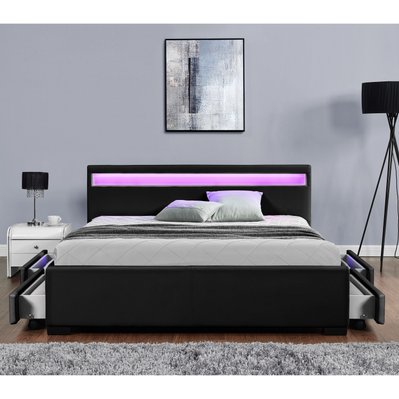 Cadre de lit en simili noir avec rangements et LED intégrées 140x190 cm ENFIELD - 195177 - 3662819099346