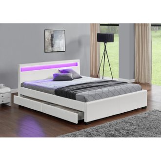 Lit Enfield - Structure de lit en PU Blanc avec rangements et LED intégrées - 140x190 cm