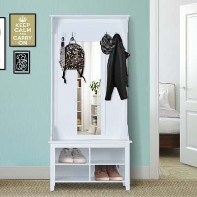 Porte-manteau vestiaire d'entrée avec miroir et banc style néo-rétro blanc - 831-226 - 3662970045626