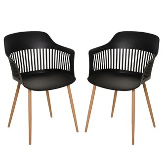 Lot de 2 chaises style néo-rétro accoudoirs coque polypropylène 4 pieds effilés métal imitation bois