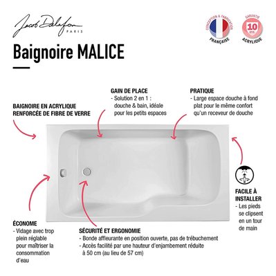 Baignoire bain douche Malice, Acrylique renforcé Blanc brillant, 160 X 85 version droite - E6D146R-00 - 3440893475252