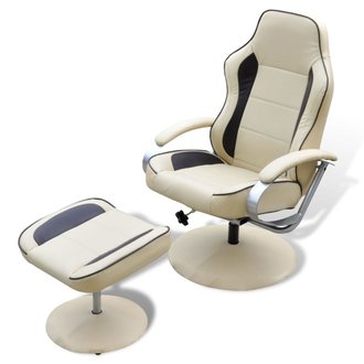 Fauteuil chaise siège lounge design club sofa salon avec repose-pied réglable cuir synthétique blanc crème 1102054/3