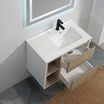 Meuble de salle de bain 2 Tiroirs 2 Niches - Blanc et Chêne Gris - Vasque - 80x46 cm - Scandinave - 1113 - 3760238357860