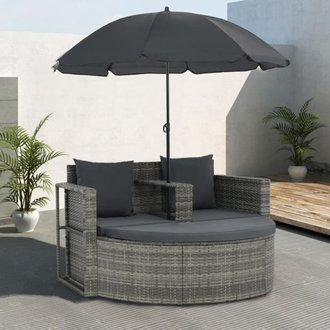 vidaXL Canapé de jardin avec coussins et parasol Gris Résine tressée
