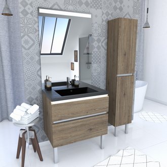Pack meuble de salle de bain 80x50cm chene brun - 2 tiroirs - vasque effet noir et miroir - colonne