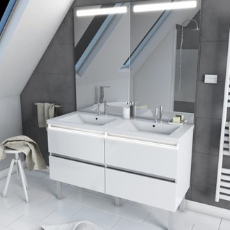 Meuble salle de bain 130 cm blanc - avec tiroirs - double vasque et miroir - MERELY WHITE 130