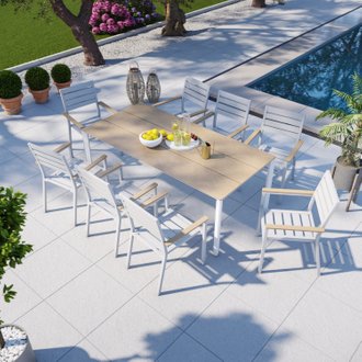 Table de jardin aluminium blanc bois composite + 8 fauteuils empilables - LENA