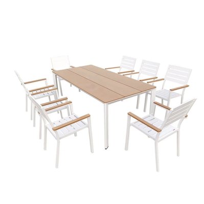 Table de jardin aluminium blanc bois composite + 8 fauteuils empilables - LENA - HT-T003BN-8CH003B - 3664380002589