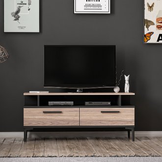 Meuble TV Sery Moderne - avec Portes, Étagères - pour Salon - Noir en Bois, 120 x 35 x 52 cm