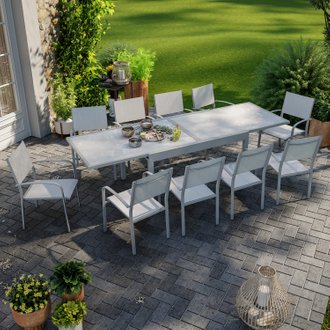 Table de jardin extensible aluminium 270cm + 10 fauteuils empilables textilène gris - LIO 10