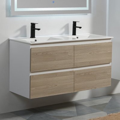 Meuble de salle de bain 4 Tiroirs - Blanc et Chêne Gris - Double vasque - 120x46 cm - Scandinave - 1431 - 3760238359376