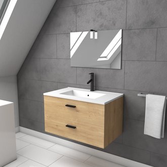 Meuble salle de bain 80 cm monte suspendu finition bois - tiroirs soft close - vasque et miroir
