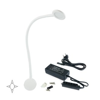 Emuca Applique LED, rond, col de cygne flexible, détecteur, 2USB, Lumière blanc naturel, Plastique, Blanc + convertisseur 30 W