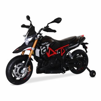 Aprilia noire Dorsoduro 900. moto électrique pour enfants 12V 4.5Ah. 1 place avec autoradio