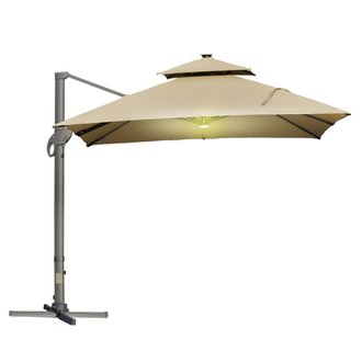 Parasol déporté LED carré double toit inclinable pivotant 360° beige